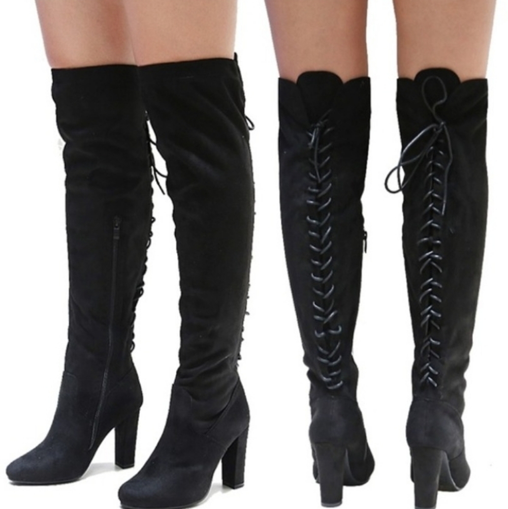 TOP Moda Black Suede Lace Up Knee Length Boots EUC
